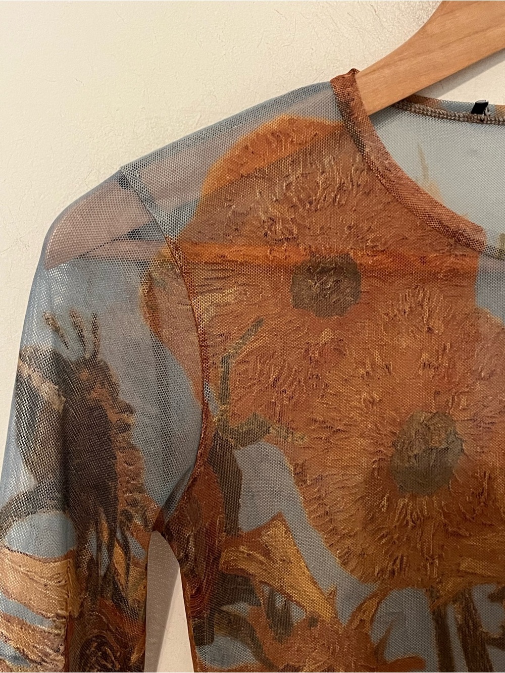 Van Gogh Sunflower Print Mesh Long Sleeve Bodysuit Sheer Layering Top S - Picture 4 of 9